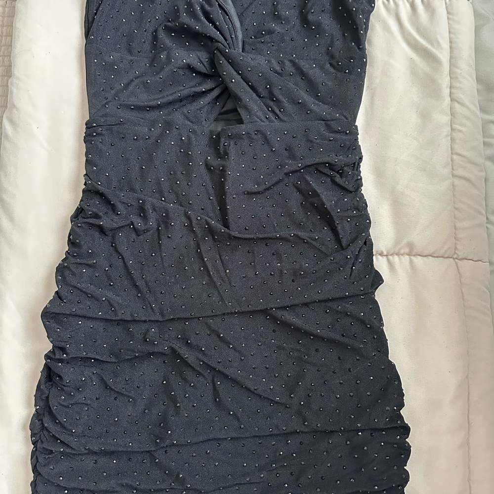 Windsor Black Ruched Mini Dress with Tonal Beading